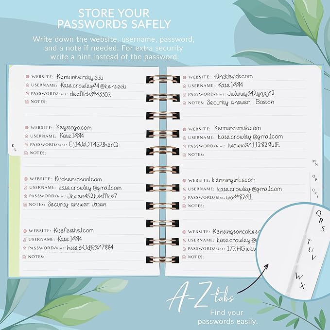 PLANBERRY Password Book Premium – Small Internet Address Organizer with A-Z Tabs – Pocket Website Password Keeper with Alphabetical Tabs – 4.7x5.7″, Hardcover (Spring Blue)
