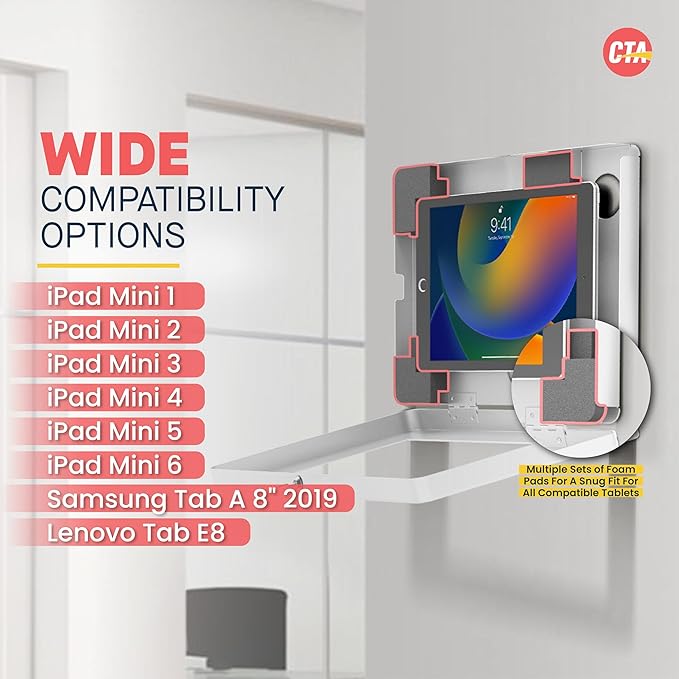 Locking iPad Wall Mount - CTA Anti-Theft Small Locking Tablet Enclosure w/ Key Lock & Interior Cable Routing for iPad Mini 1, 2, 3, 4, 5, 6, Samsung Tab A 8″, Lenovo Tab E8 - White- (PAD-PSWW)