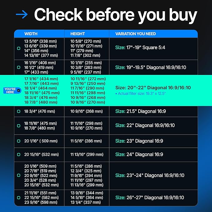 Universal Acrylic 20, 20.2, 21.5, 21.6, 22 Inch Computer Privacy Screen Filter for Widescreen Computer Monitors - 19.4" x 12.6"(492 x 319mm) - Monitor Frame Hanging Type