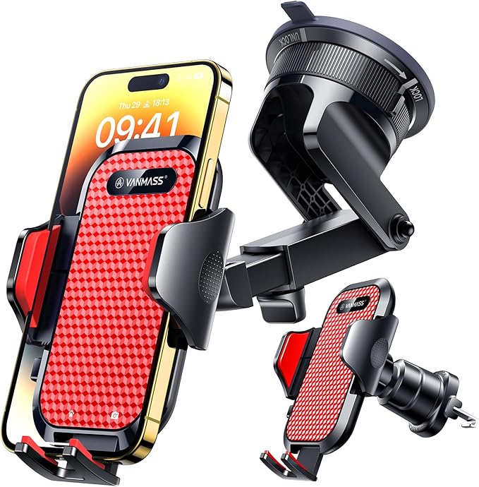 VANMASS [True Military-Grade] Car Phone Holder [Best Suction & Clip] Cell Phone Mount for Dashboard Windshield Vent Truck Cradle Dash Stand for iPhone 15 Pro Max 14 13 12 Android, Red