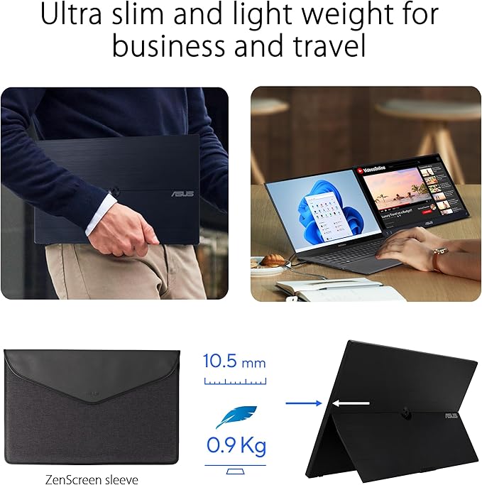 ASUS ZenScreen 15.6” 1080P Portable Monitor (MB16ACVR) - Full HD, IPS, Eye Care, Flicker Free, Blue Light Filter, Kickstand, USB-C Power Delivery, for Laptop, PC, Phone, Console