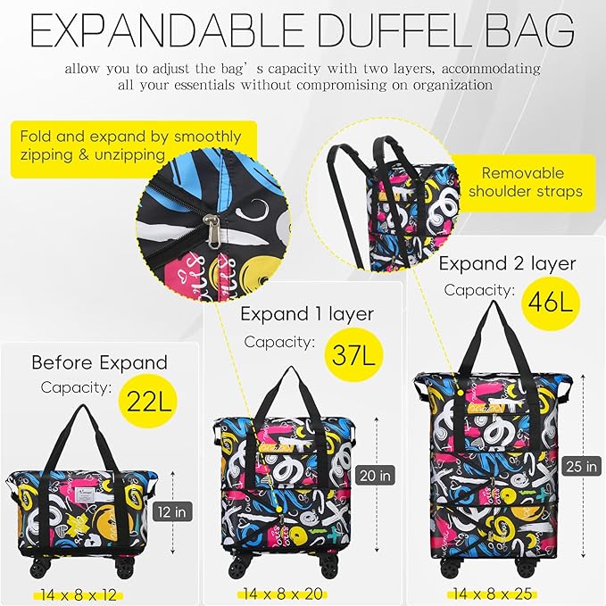 VOOWO Duffel Bag with Wheels - Rolling Foldable Expandable Duffle Bag with Wheels for Travel, Rolling Luggage Carry On Bag with Wheels, Large Rolling Backpack Weekend Bags for Men Women (Black)