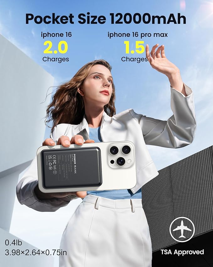 for Magsafe Battery Pack 12000mAh Magnetic Portable Charger Power Bank PD 22.5W USB C Fast Charging Wireless Battery Pack Phone Charger for iPhone 17/16/15/14/13/12 All Series