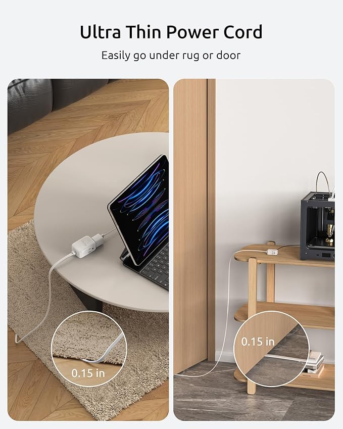 Extension Cord Flat Wall Plug 10ft, ETL Listed, NUTICT Indoor 3 Prong Long Cord Extension, 900J Surge Protector, 13A/1625W, Ultra-Thin Low Profile Left Angle Flat Plug, Behind Bed Sofa Dresser, White