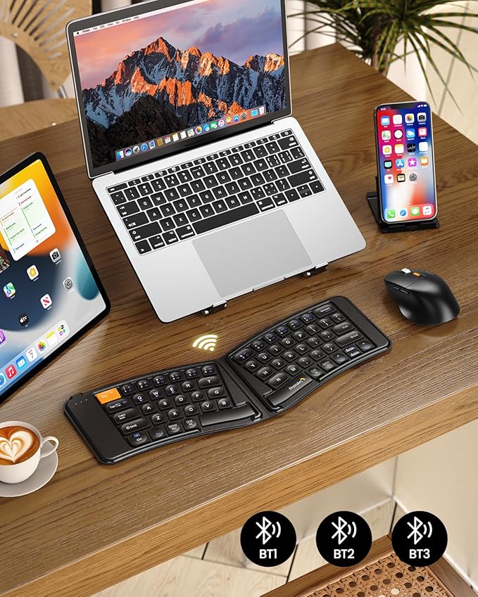 ProtoArc Ergonomic Foldable Keyboard Mouse, XKM03 Portable Folding Bluetooth Keyboard Mouse Combo for Business and Travel, Split Design, 3 Bluetooth, Rechargeable, for iPad, Tablet, iPhone, Laptop