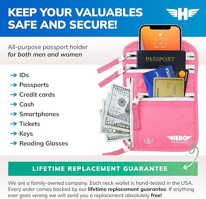 Hero Travel Supply Neck Wallet, RFID Blocking Passport Holder, Easy to Conceal Pouch (Hot Pink)