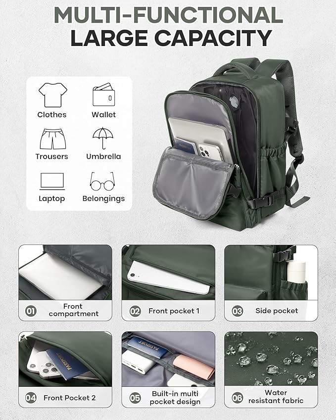 Vacuum Travel Backpack with Pump for Women,Personal Item Carry on Backpacks Flight Approved 18x14x8 inches for Men,Laptop Waterproof Work Compression bags Casual Daypack Green.