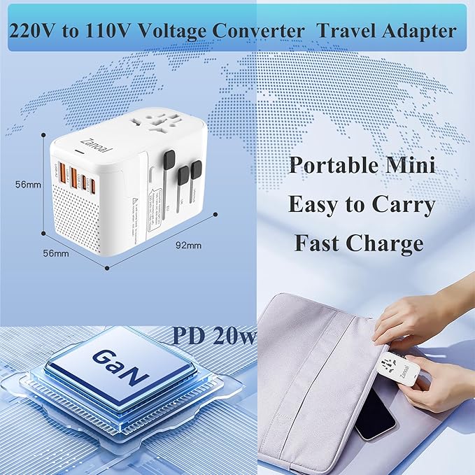 220V to 110V Converter for European Travel,Step Down Voltage Converter US to Europe,Universal Travel Power Adapter with 2 Type C +2 USB A,PD20W,USA/UK/EU/AUS/China Vacation Travel Essentials