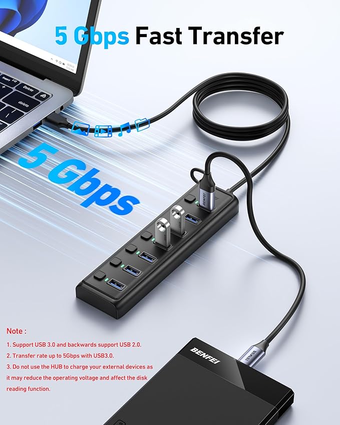 BENFEI USB 3.0 Hub 7-Port, Ultra-Slim Portable USB Splitter with 3.3ft Cable - Compatible with MacBook Pro/Air,Mac Pro, Mac Mini, iMac, Surface Pro, XPS, PC, Flash Drive, Mobile HDD (No Charging Port)