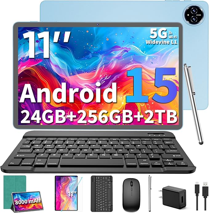 Android 15 Tablet, 2025 Upgraded 11 inch Android Tablets with Keyboard, 24GB+256GB+2TB Expand, Support Face Unlock+18W Fast Charging, Octa-Core CPU,Dual WiFi6, Dual Camera,8000mAh Battery, Green