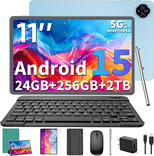 Android 15 Tablet, 2025 Upgraded 11 inch Android Tablets with Keyboard, 24GB+256GB+2TB Expand, Support Face Unlock+18W Fast Charging, Octa-Core CPU,Dual WiFi6, Dual Camera,8000mAh Battery, Green