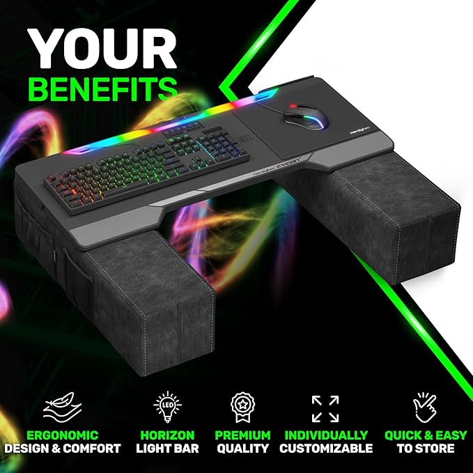 Couchmaster CYCON³ HORIZONLIGHT Bar, Ultimate Ergonomic USB-Hub Gaming Lap Desk for Couch and Bed, Large, Stable and Compatible with All Keyboards and Mouse/Mice, Laptops, PCs, PS4/5, Xbox