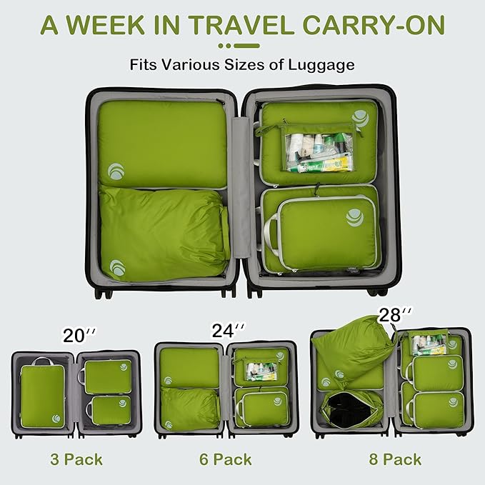 Cipway Compression Packing Cubes, Ultralight Luggage Organizer Bags with Laundry Bags and Clear Toiletries Bag, Travel Essentials for Carry on Suitcase (6 Piece,Green)