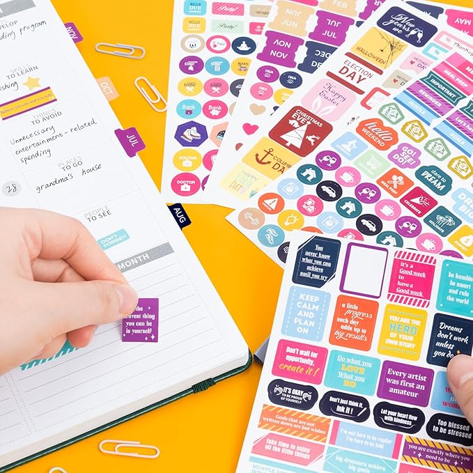 Ospelelf Planner Stickers, 5 Sheets Calendar Stickers Pack, Inspirational Motivational Quotes Festivals Label Sticker, for Decorating Organizers Scrapbooks Laptops Cups