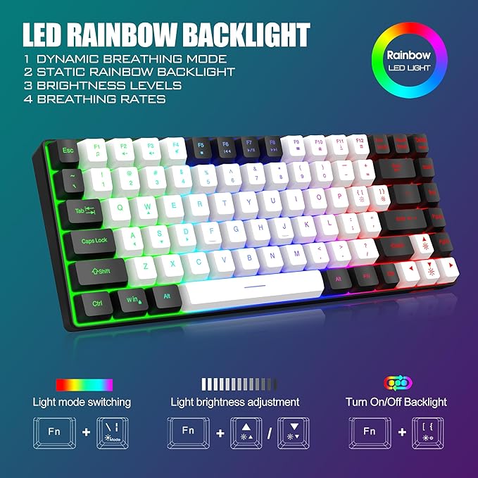 RedThunder K84 Wireless Keyboard and Mouse Combo, LED Rainbow Backlit Rechargeable Battery, 75% Layout TKL Ultra Compact Gaming Keyboard & Lightweight 3200 DPI Honeycomb Optical Mouse (White-Black)