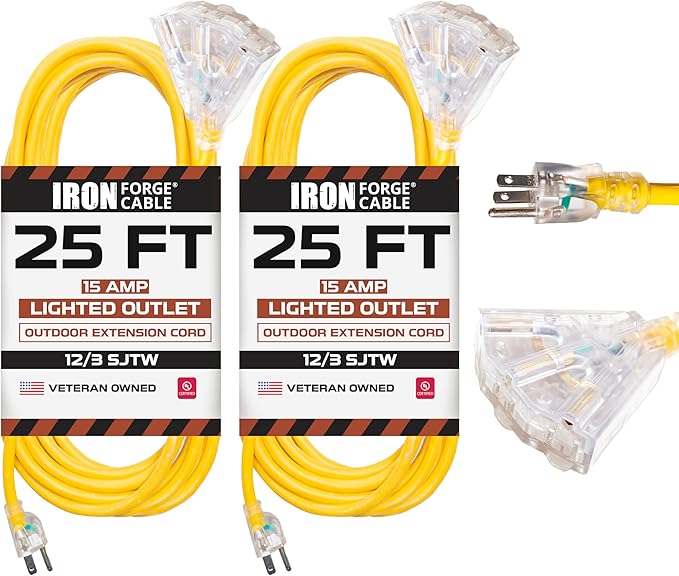 Iron Forge Cable 2 Pack 25 Foot Lighted Outdoor Extension Cord with 3 Outlets - 12/3 SJTW Heavy Duty Yellow Extension Cable 3 Prong - Multiple Outlets