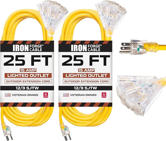 Iron Forge Cable 2 Pack 25 Foot Lighted Outdoor Extension Cord with 3 Outlets - 12/3 SJTW Heavy Duty Yellow Extension Cable 3 Prong - Multiple Outlets