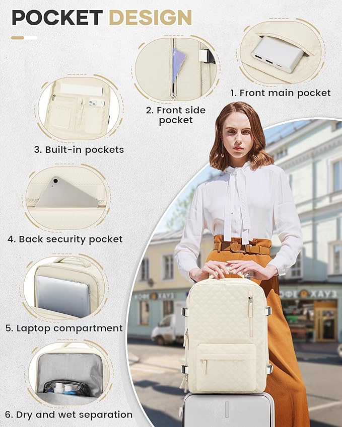 Vacuum Travel Backpack with Pump for Women,Personal Item Carry on Backpacks Flight Approved 18x14x8 inches for Men,Laptop Waterproof Work Compression bags Casual Daypack Beige.