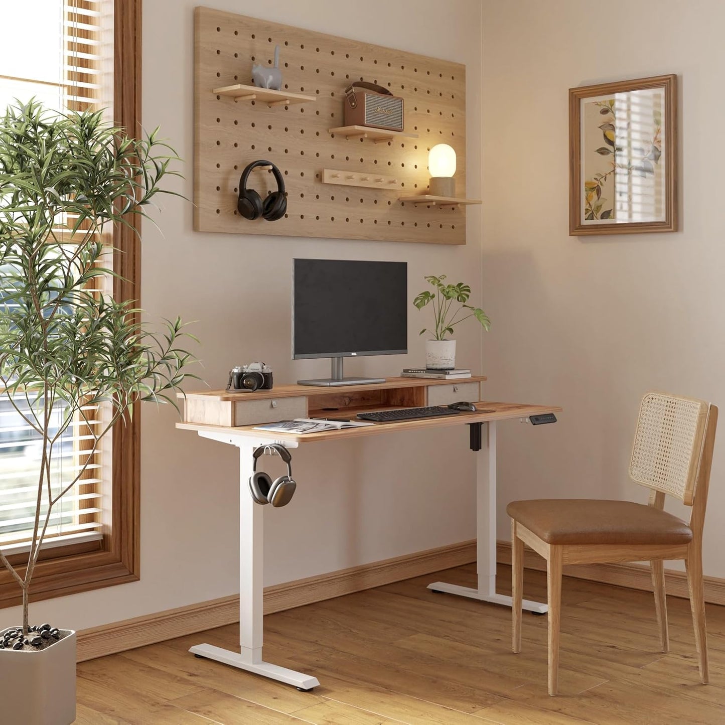 FEZIBO 55 x 24 Inch Whole-Piece Height Adjustable Standing Desk with Double Drawers, Sit Stand Desk, Stand Up Table (Send Two Packages), Light Rustic Top