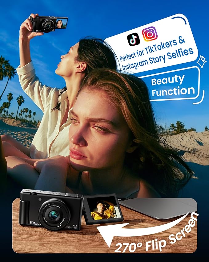 True 5K Digital Camera for Photography, Autofocus 80MP with 18X Digital Zoom 3" 270°Flip Screen Dual-Lens Selfie Camera for YouTube Vlogging & Content Creation, 2 Batteries, 32GB Card & Flash，Black