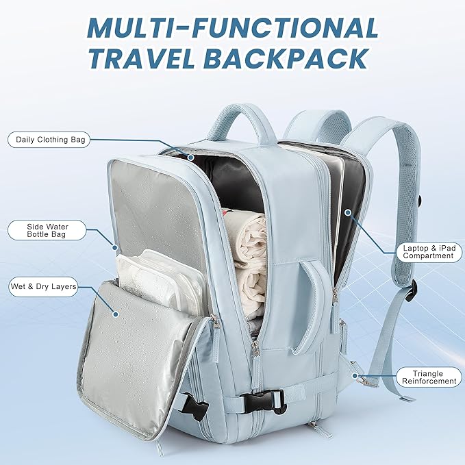 Beraliy Large Travel Backpack Women, Airline Approved Backpack, Carry On luggage, 17 inch Laptop Backpack, Waterproof Business Hiking Bag, Light-blue