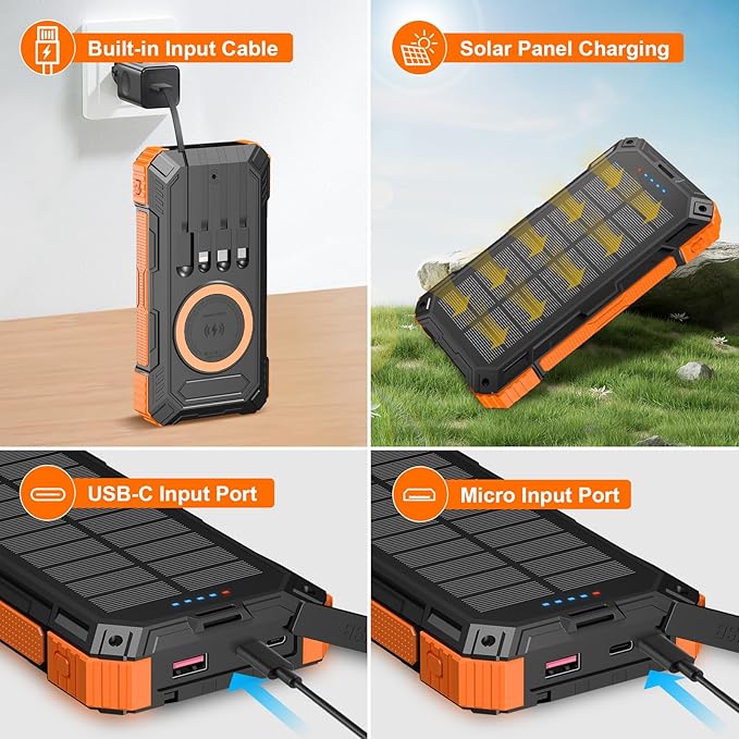 Solar Charger Power Bank 49800mAh Wireless Portable Phone Charger, 22.5W QC3.0 Fast Charging Built in 4 Cables with USB C 6 Outputs & 2 Inputs for Cell Phone Orange