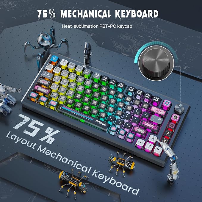 Redragon K732 Wireless Mechanical Keyboard, Anodized All Aluminum Alloy, Cyber Mecha Style Gasket RGB Gaming Keyboard with Pre-Lubed Linear Switches, PC+PBT, 75％ Tri-Mode Hot Swap Programmable for PC