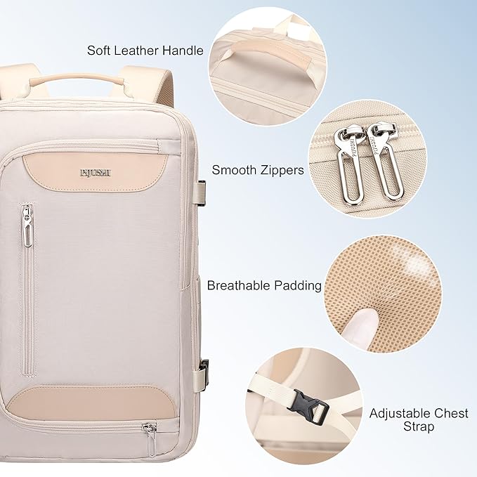 PIJUSHI Travel Backpack for Women Flight Approved Carry on Bag 16 inch Laptop Personal Item Daypack with Shoe Compartment(PE038 Beige)