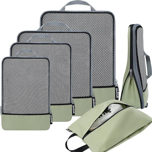 BAGAIL 4 Set/6 Set/8 Set Compression Packing Cubes Travel Accessories Expandable Packing Organizers (Half Mesh, 6-Matcha Green)