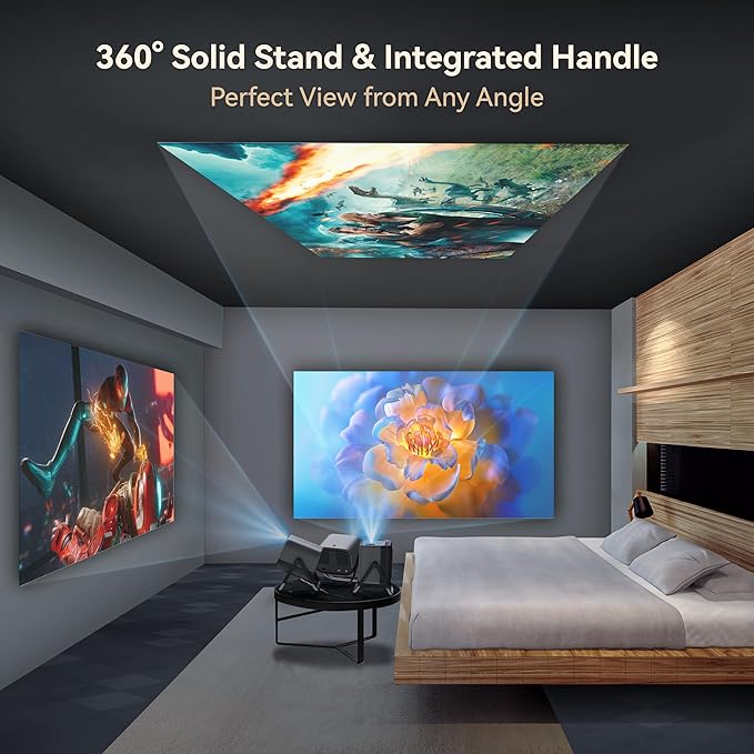 Electric Focus&360°Adjustable Stand-1080P Phone Projector with WiFi and Two-way Bluetooth,MEER 2025 Latest Upgraded Auto Keystone Ceiling Projector, Home Movie Proyector for iPhone/TV Stick/Laptop