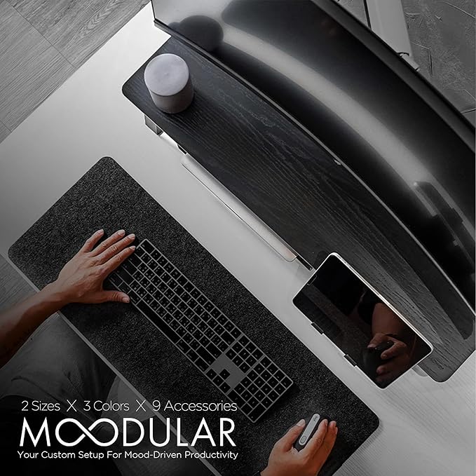 Moodular Wooden Monitor Stand 33.4” (85cm) Desk Organizer with Metal Slide Rails for Drawer, Tray, Laptop, Tablet, Phone & Headphones Customizable Riser for Organized Workspace Black MS85-B