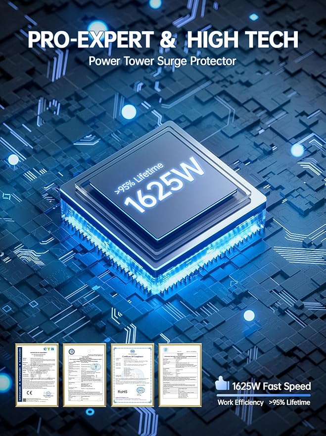 Surge Protector Power Strip with 5 USB Ports,16 AC Outlets 13A 10FT Extension Cord with Multiple Outlets, Fararaka Power Strip Tower with Surge Protection for Office Dorm Room (10FT+16AC2A2C)