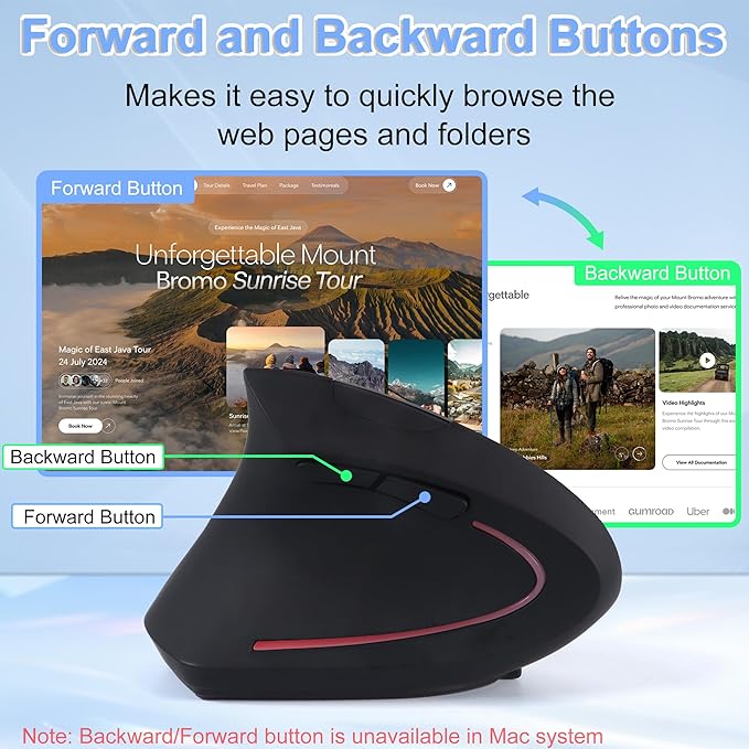 Wireless Mouse Ergonomic Left Handed Vertical Mouse with USB Receiver LED Light 6 Buttons 2.4GHz Optical Portable Rechargeable Computer Mice for Laptop PC Desktop Notebook Kids Adults Gifts (Black)