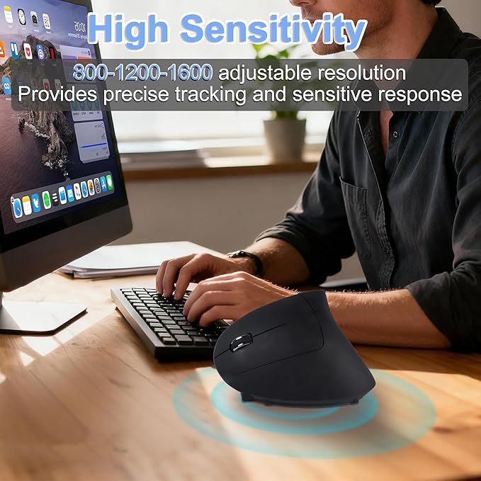 Wireless Mouse Ergonomic Left Handed Vertical Mouse with USB Receiver LED Light 6 Buttons 2.4GHz Optical Portable Rechargeable Computer Mice for Laptop PC Desktop Notebook Kids Adults Gifts (Black)