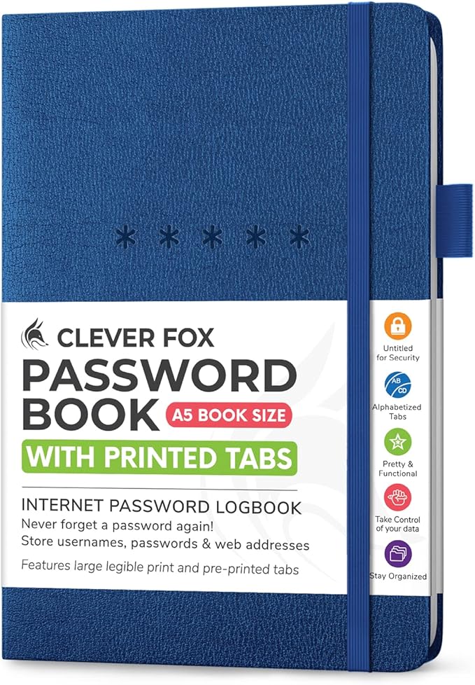 Clever Fox Password Book – Alphabetized Internet Address & Password Organizer – Computer & Website Password Keeper Notebook – Log-In Password Journal - Medium, A5, 8.3x5.8″, Hardcover (Mystic Blue)