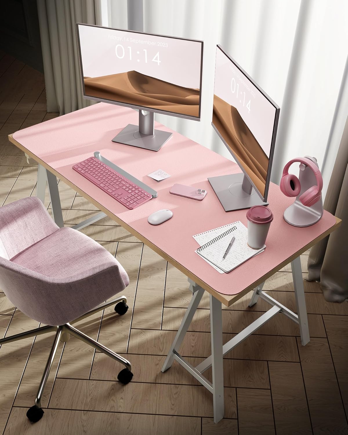 YSAGi Leather Desk Protector, Office Mat, Large Mouse Mat, Non-Slip PU Leather Blotter, Laptop Pad, Waterproof Writing Pad for Office and Home (Light Pink, 47.2" x 23.6")