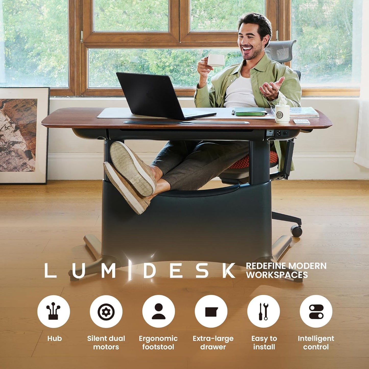 COLAMY Electric Standing Desk, Whole-Piece Gaming Desk with Dual Motors, Ergonomic Footrest, Drawers for Storage, Adjustable Height Sit-Stand Desk for Home Office (Veneer Desktop, Walnut + White)