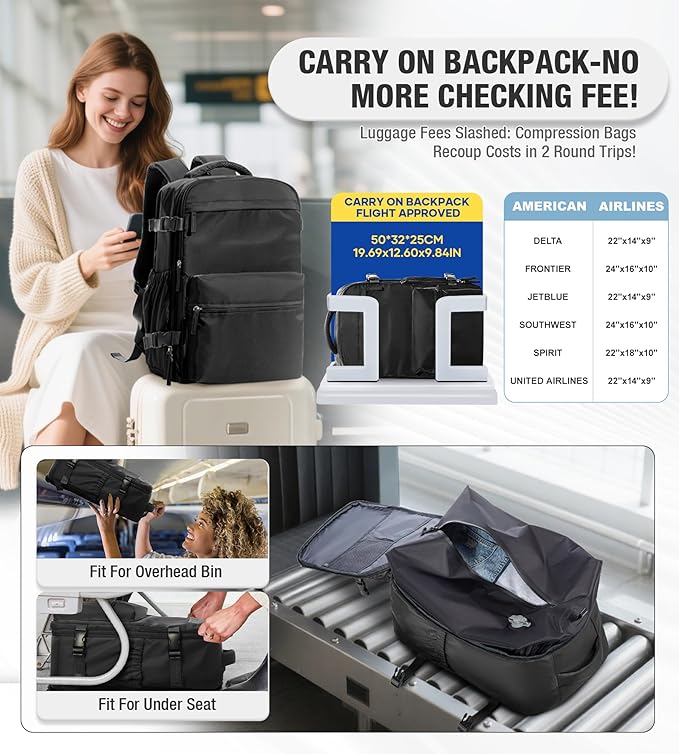 Vacuum Travel Backpack with Pump for Women,Airback Personal Item Carry on Backpacks Flight Approved for Men,Laptop Waterproof Work Compression bags Casual Daypack(Black)