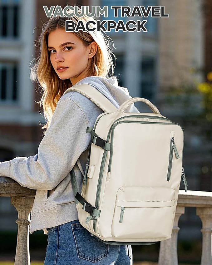 Vacuum Travel Backpack with Pump for Women, Personal Item Carry on Backpacks Flight Approved 18x14x8 inches for Men,Laptop Waterproof Work Compression bags Casual Daypack BeigeGreen