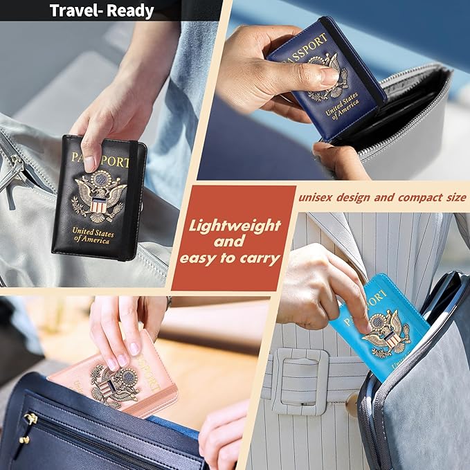 2 Pcs Passport Holder for Travel Card Slot Combo RFID Blocking Leather Family Passport Wallet Travel Accessories for Men Women (Blue and black)