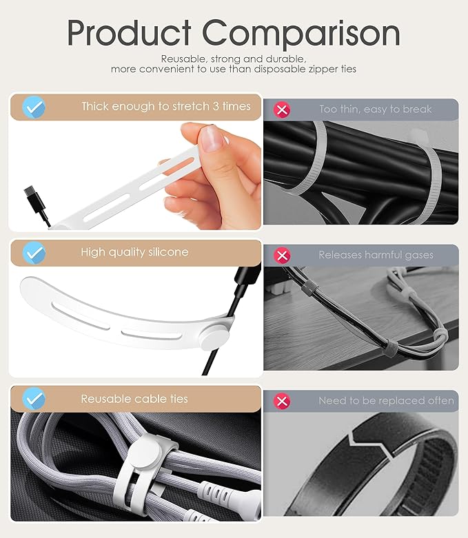 20Pcs Nearockle Reusable Cable Ties, Adjustable Silicone Cord Organizer Small Zip Ties for Charging Cords Earphone Computer Wire, Office Desk Cable Management Travel Accessories(White)