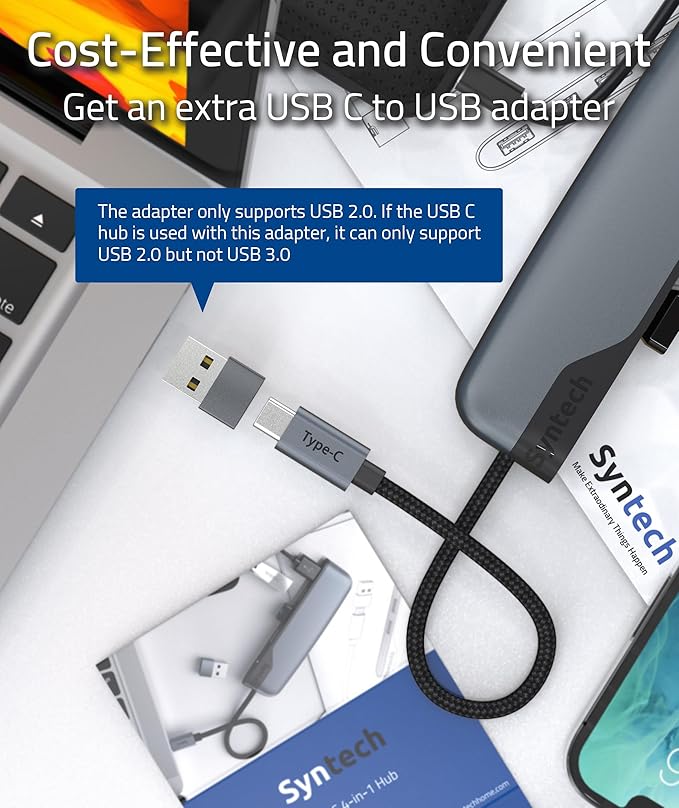 Syntech USB C to USB Hub 4 Ports, Syntech Type C to USB 3.0 Hub with a USB C to USB Adapter (USB 2.0), Thunderbolt 3 to USB Hub, Compatible with iOS/Android