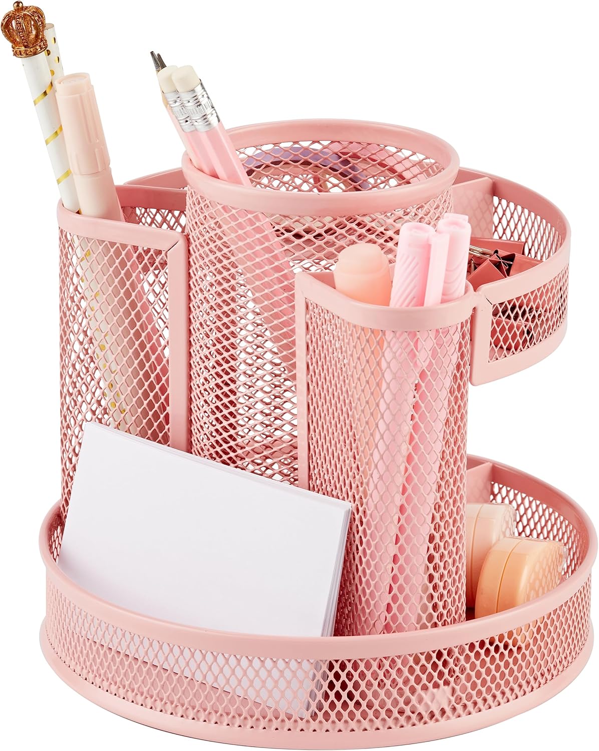 Annova Mesh Desk Organizer Rotate with 5 Compartments Round Spinning Tidy Candy/Pen Holder Desk Accessories Office, Art Supply, Storage, Classroom, Home (Light Pink)