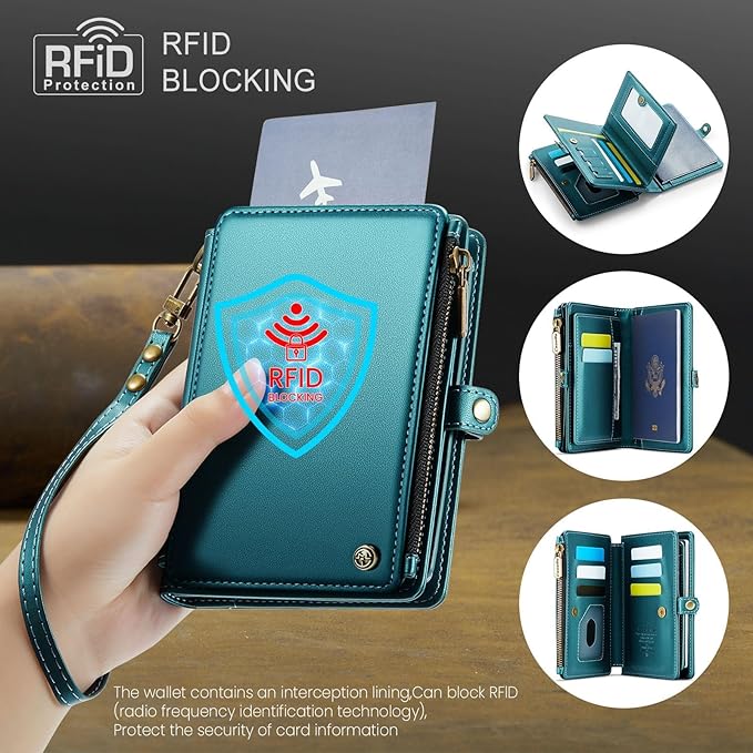 Passport Holder Wallet Bag with AirTag Holder, 11 Card Slots and Passport Solt Cash Solt Photo Solt Zipper Pocket, RFID Blocking Wristlet Strap.Green