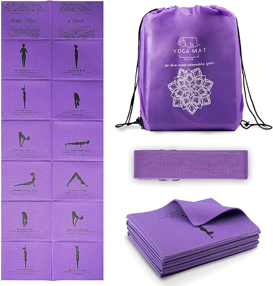 Foldable Yoga Mat for Women, Non Slip Exercise Mat for Home Gym, 5mm Travel Yoga Mats Set With Stretch Strap for Yoga Pilates and Fitness, 68"L x 24"W x 0.2 Inch Thick