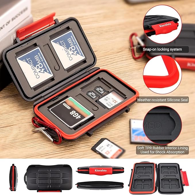 Kiorafoto 28 Slots : 16 TF + 8 SD + 4 CF Memory Card Holder Case Storage Protector Wallet For TF MSD Micro SD SD SDHC SDXC SDUC CF Compact Flash Memory Cards With Carabiner + Card Tray Removal Pin Key