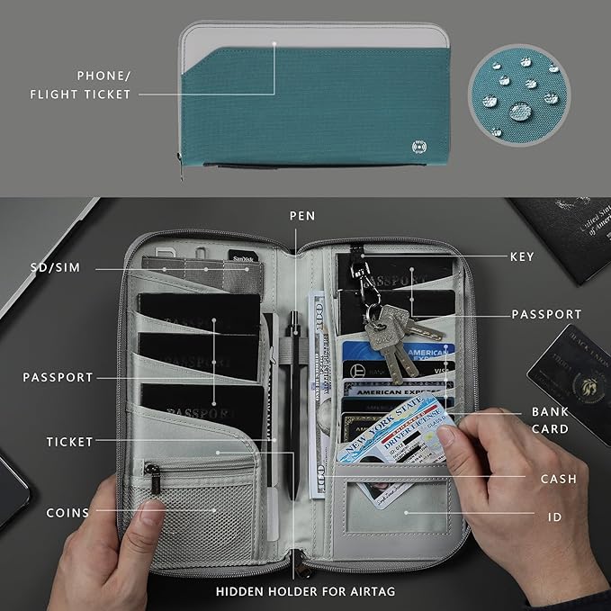 Travel Passport Holder for Family - RFID Large Travel Passport Wallet with Airtag & Card Holder Women Men, Lightweight Passport Cover Case Book Travel Document Organizer with Zipper Pocket,Coral Blue