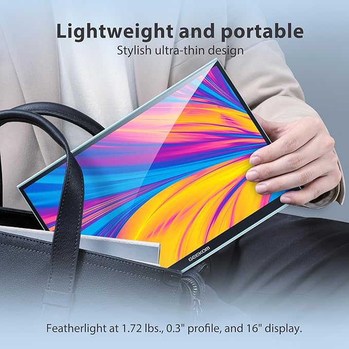 GEEKOM Portable Monitor（2025）, 16'' 1200P FHD Laptop Monitor USB C HDMI Computer Display HDR Eye Care External Screen w/Smart Cover for PC Mac Laptop Phone