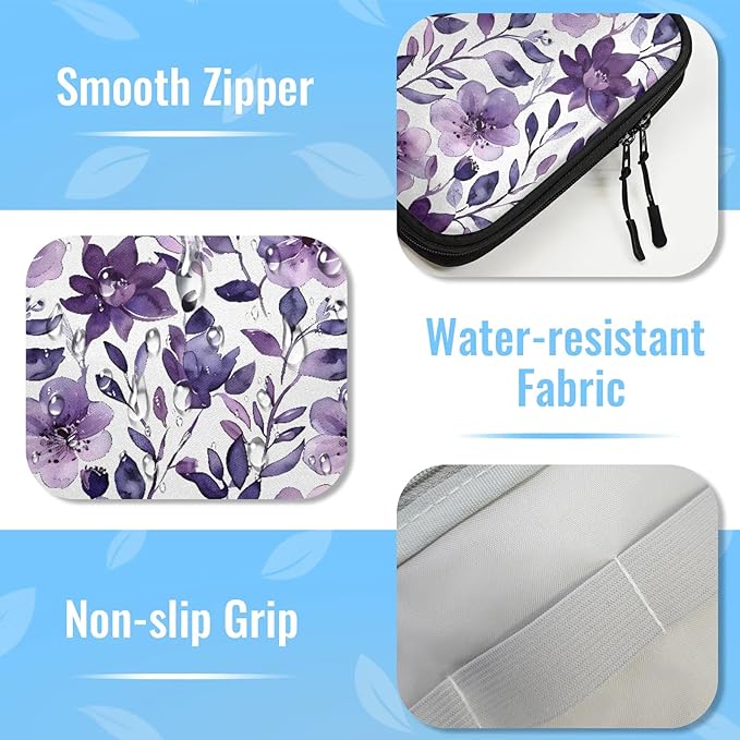 Purple Floral Electronics Travel Organizer Case, Tech Accessories Cable Storage Bag for Cords, Charger, Phone, Hard Drive