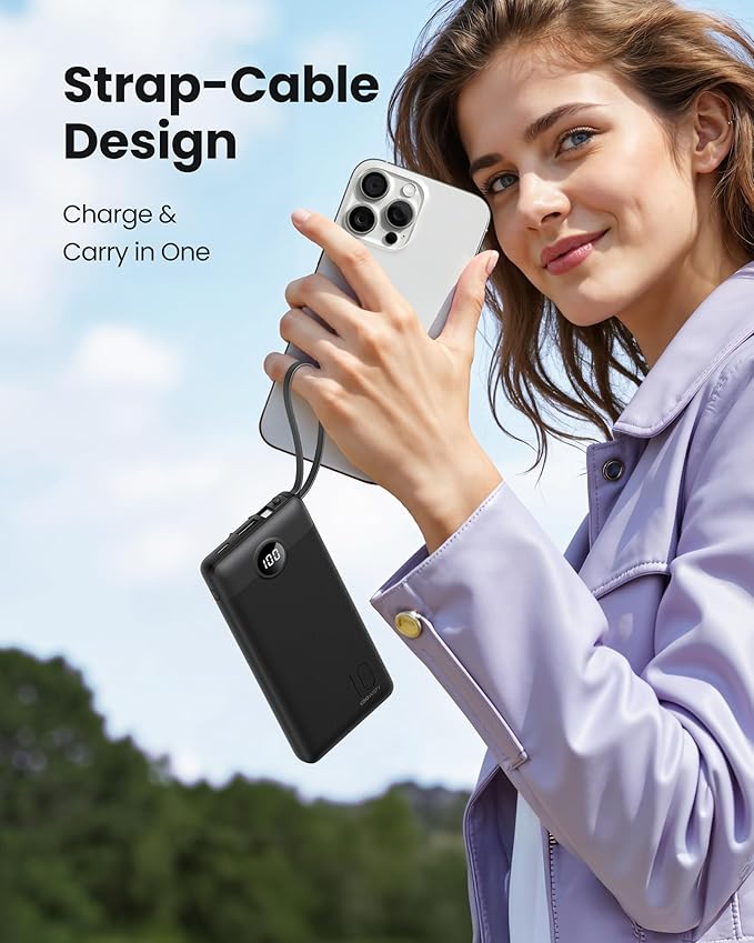 Portable Charger with Built in Cables, Slim 10000mAh Power Bank with USB C, External Battery Pack 5 Outputs 2 Inputs LED Display Compatible with iPhone/Android & More (Black)